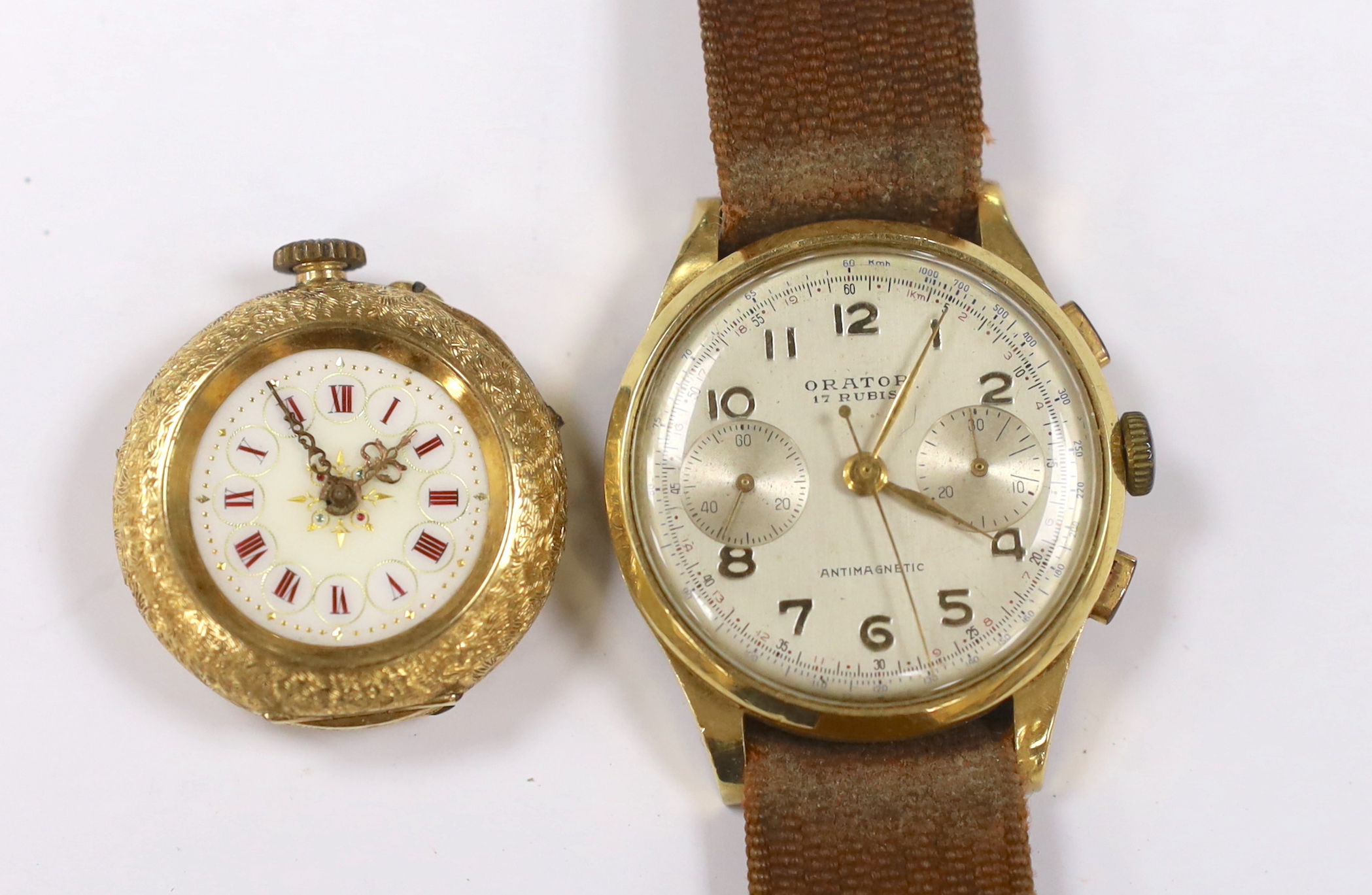 A gentleman's 18k Orator manual wind wrist watch (a.f.) and an 18k fob watch.